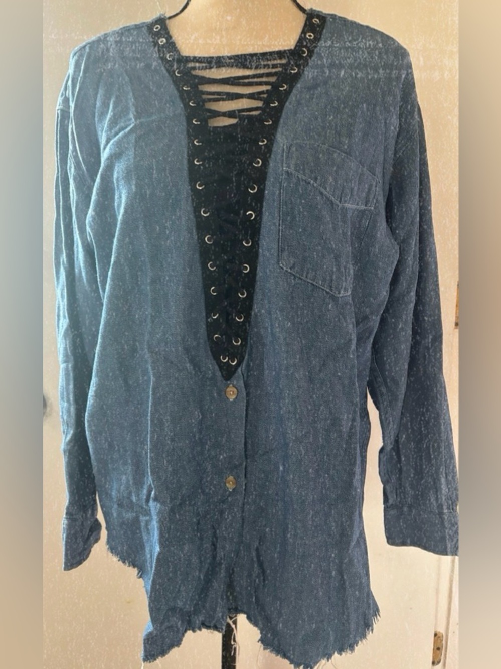 Furst  of a Kind Blue Denim Lace-Up women’s shirt top